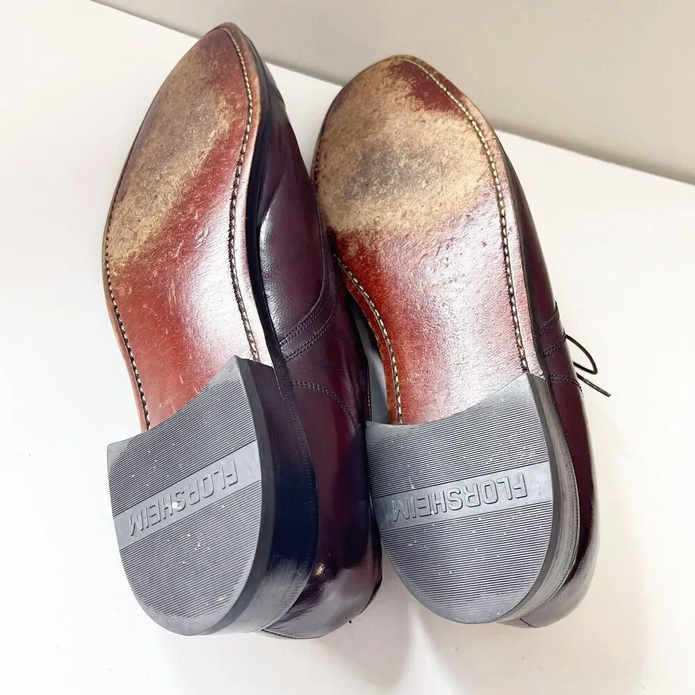 Vintage Florsheim Size 9.5D Burgundy Leather‎ Apron Toe Derby Dress Shoe 33617